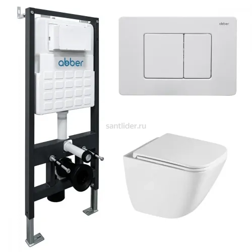 Комплект подвесной унитаз ABBER Rechteck AC1220TC белый, с закрытым дном с инсталляцией AC0105 и кнопкой AC0120MW белая матовая
