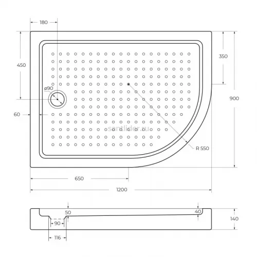 Душевой поддон акриловый 120х90 левосторонний Cezares TRAY-A-RH-120/90-550-15-W-L с сифоном