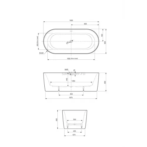 Ванна акриловая матовая Cezares METAURO-INT-Central-180-80-60-B-W-MATT