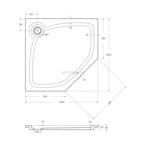 Душевой поддон из искусственного мрамора 100х100 Cezares TRAY-S-P-100-56-W без сифона