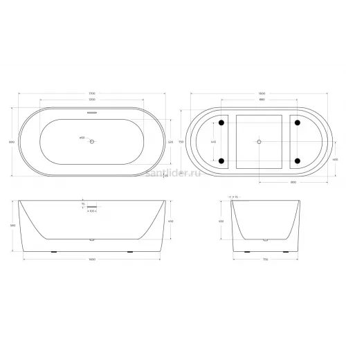 Ванна акриловая отдельностоящая матовая BelBagno BB411-1700-800-MATT