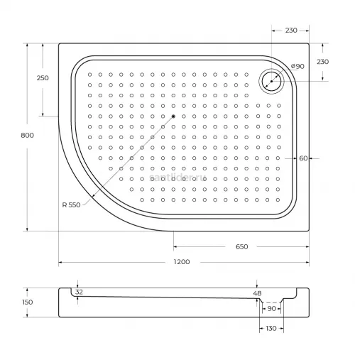 Душевой поддон акриловый 120х80 правосторонний BelBagno TRAY-BB-RH-120/80-550-15-W-R с сифоном