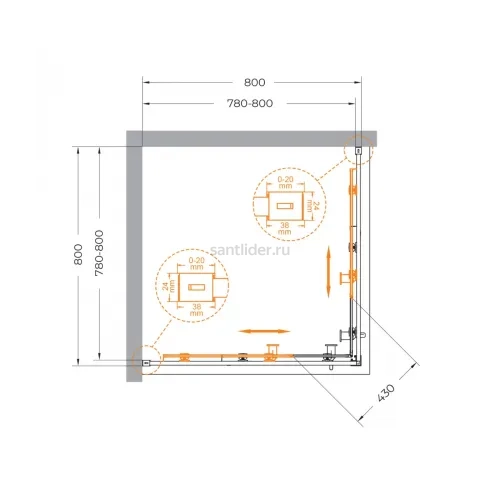 Душевой уголок Cezares RELAX-304-A-2-80-C-BORO, 80х80х200, профиль брашированное золото, прозрачное стекло