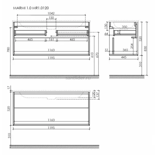 Тумба подвесная SANCOS под раковину Marmi 1.0, дуб чарльстон 1195х445х520, MR1.0120ECH
