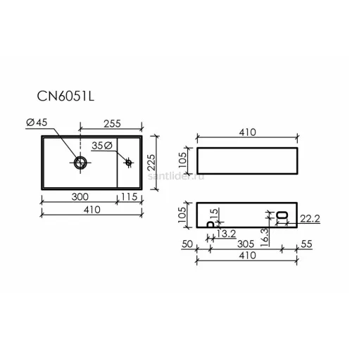 Умывальник CERAMICANOVA Element подвесной прямоугольный (чаша слева, отверстие под смеситель справа) CN6051L