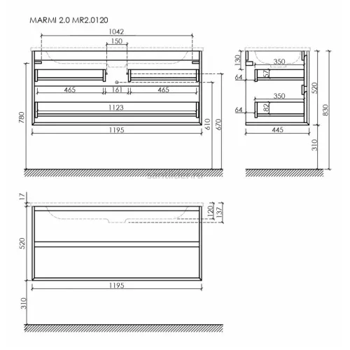 Тумба подвесная SANCOS под раковину Marmi 2.0, дуб чарльстон 1195х445х520, MR2.0120ECH
