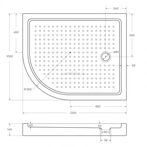 Душевой поддон акриловый 120х100 правосторонний Cezares TRAY-A-RH-120/100-550-15-W-R с сифоном