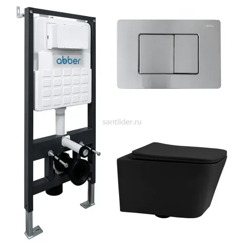 Комплект подвесной унитаз ABBER Rechteck AC1201MB черный матовый с инсталляцией AC0105 и кнопкой AC0120MCH матовый хром