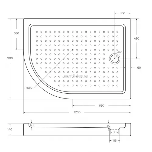 Душевой поддон акриловый 120х90 правосторонний Cezares TRAY-A-RH-120/90-550-15-W-R с сифоном