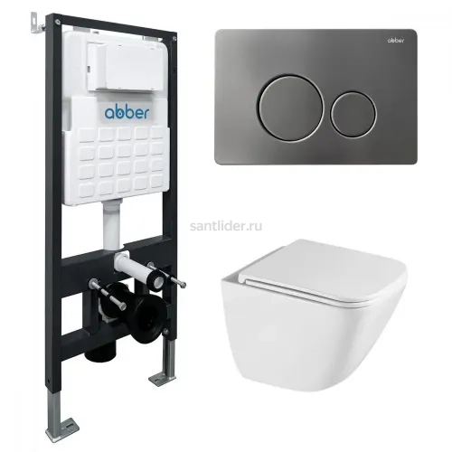 Комплект подвесной унитаз ABBER Rechteck AC1220TC белый, с закрытым дном с инсталляцией AC0105 и кнопкой AC0121NG никель