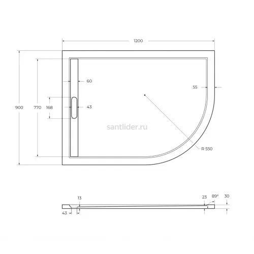 Душевой поддон из искусственного мрамора 120х90 Cezares TRAY-AS-RH-120/90-550-30-W-L без сифона