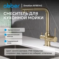 Смеситель ABBER Emotion AF8814G для кухни с подключением фильтра и выдвижной лейкой, золото матовое