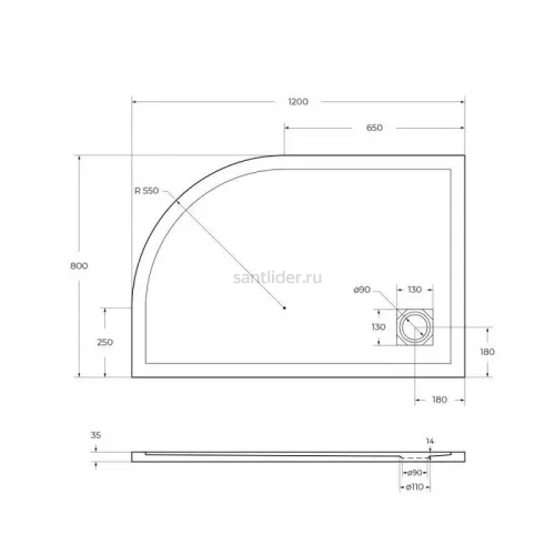 Душевой поддон из искусственного мрамора левосторонний Belbagno TRAY-MR-UNO-RH-120/80-550-35-W-L-CR