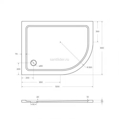 Душевой поддон из SMC (стекловолокно) 120х90 левосторонний Cezares TRAY-M-RH-120/90-550-35-W-L без сифона