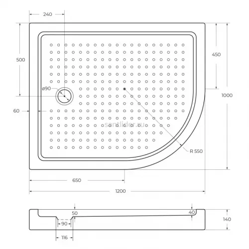 Душевой поддон акриловый 120х100 левосторонний Cezares TRAY-A-RH-120/100-550-15-W-L с сифоном